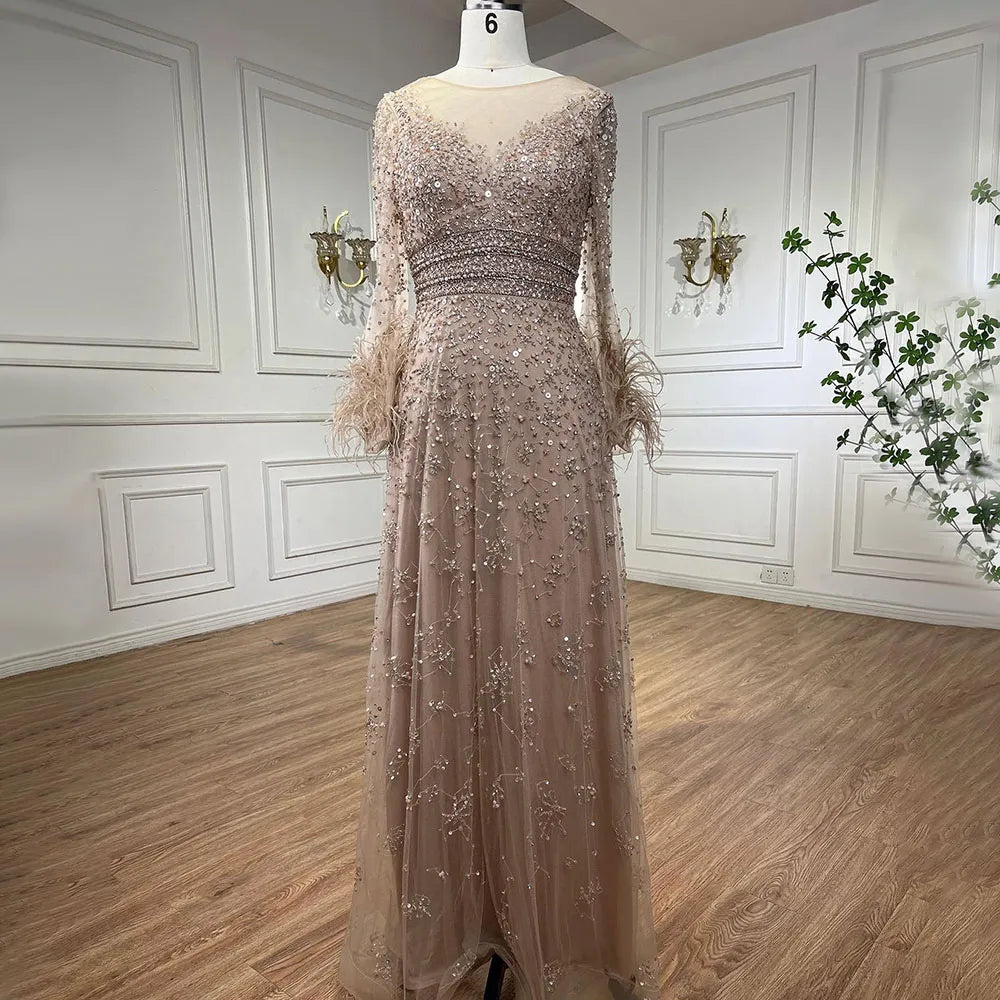 Elegant Nude Dubai-Style Luxury Beaded Feather Evening Gown – Selene Dresses