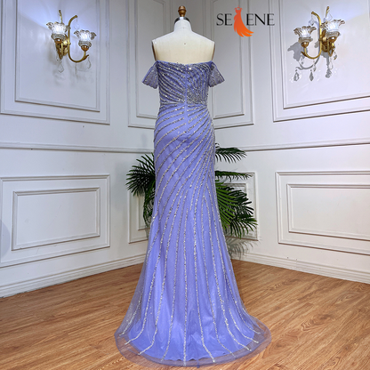 Selene Blue Boat Neck Split Mermaid Dress – Beaded Elegant Evening Gown for Weddings