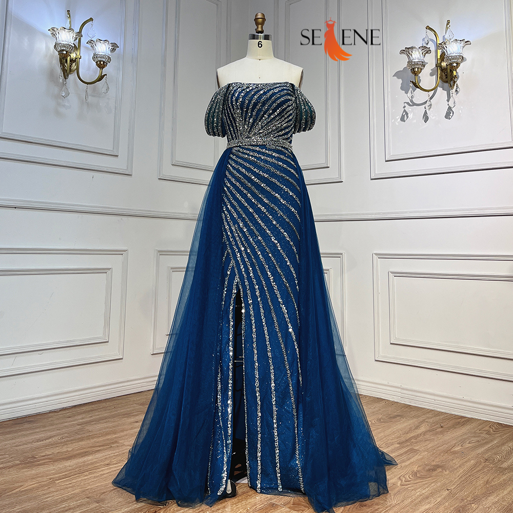 Selene Blue Boat Neck Split Mermaid Dress – Beaded Elegant Evening Gown for Weddings