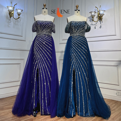 Selene Blue Boat Neck Split Mermaid Dress – Beaded Elegant Evening Gown for Weddings