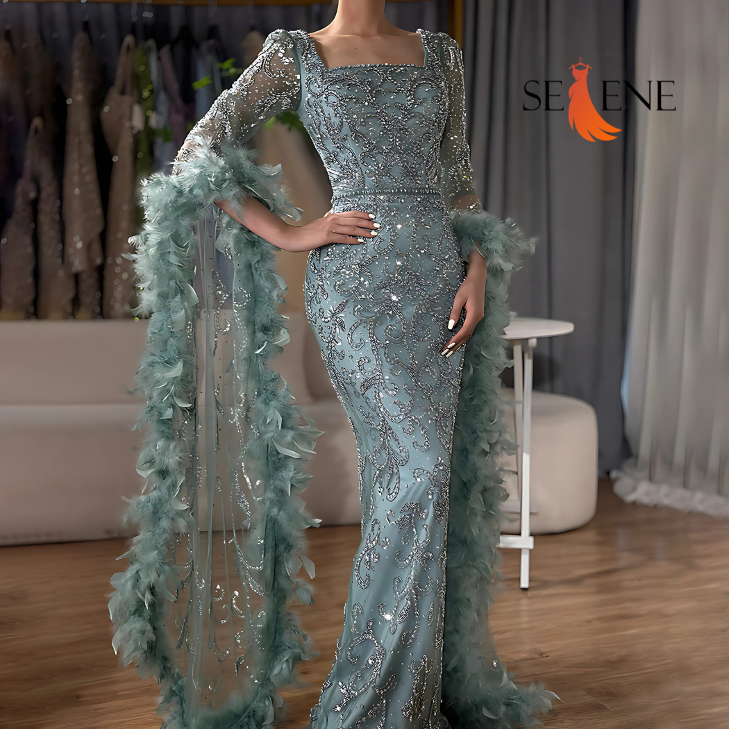 Selene Flared Sleeves Mermaid Peach Beaded Feather Luxury Evening Dress Gowns for Women's Party