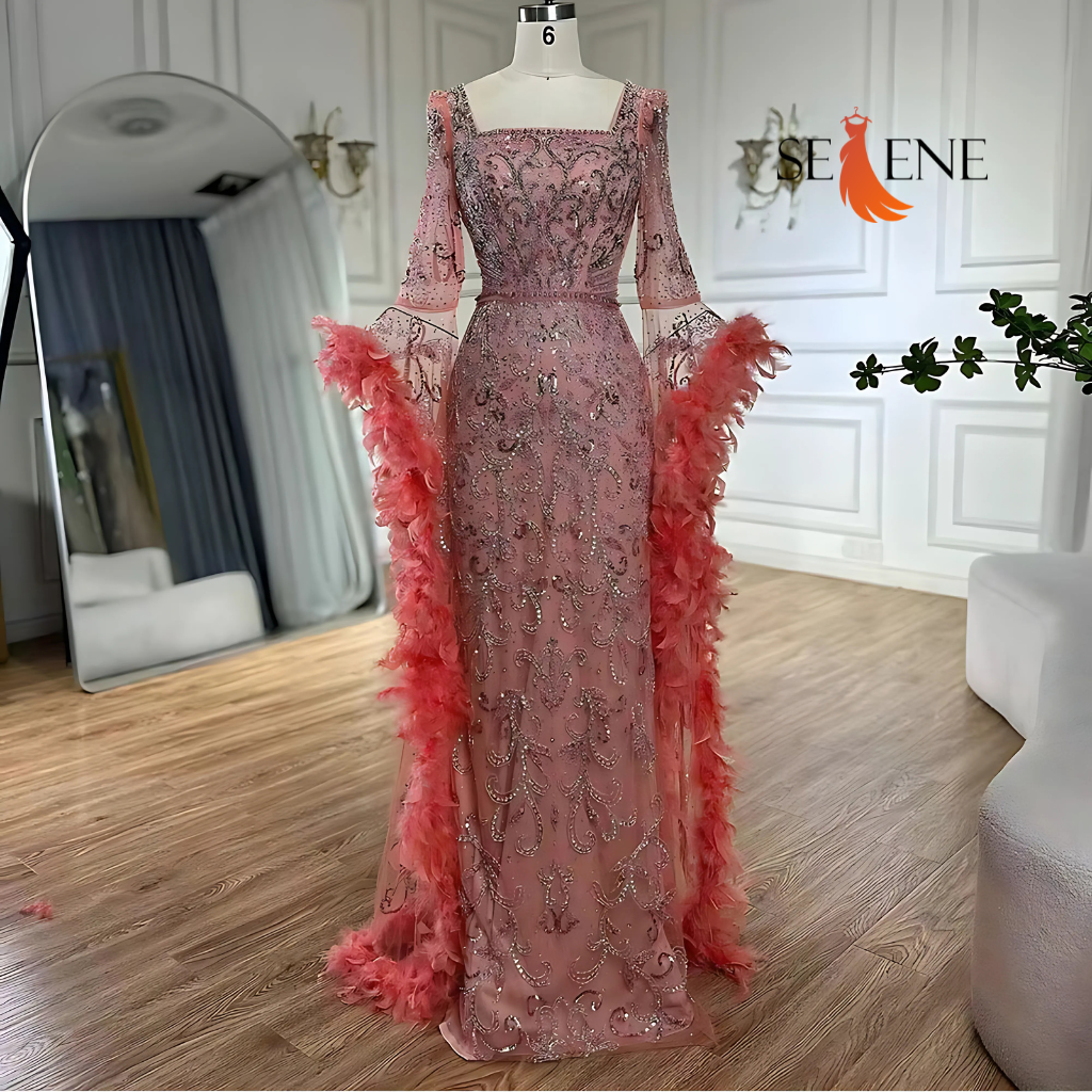 Selene Flared Sleeves Mermaid Peach Beaded Feather Luxury Evening Dress Gowns for Women's Party