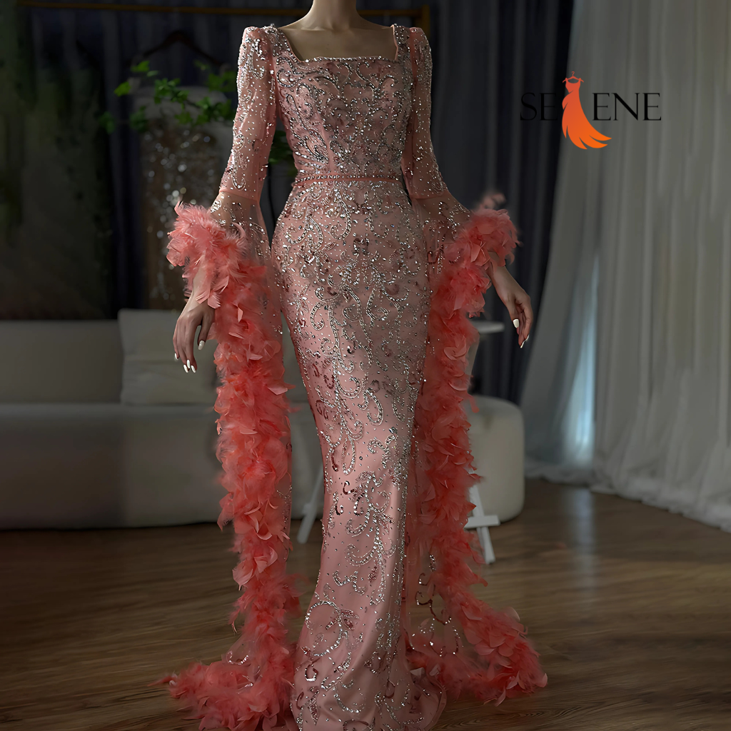 Selene Flared Sleeves Mermaid Peach Beaded Feather Luxury Evening Dress Gowns for Women's Party