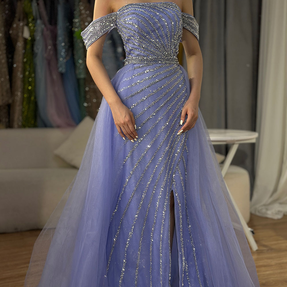 Selene Blue Boat Neck Split Mermaid Dress – Beaded Elegant Evening Gown for Weddings