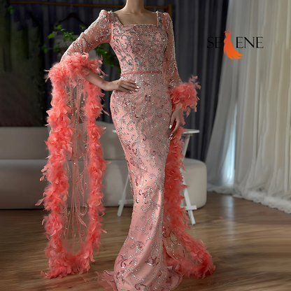 Selene Flared Sleeves Mermaid Peach Beaded Feather Luxury Evening Dress Gowns for Women's Party