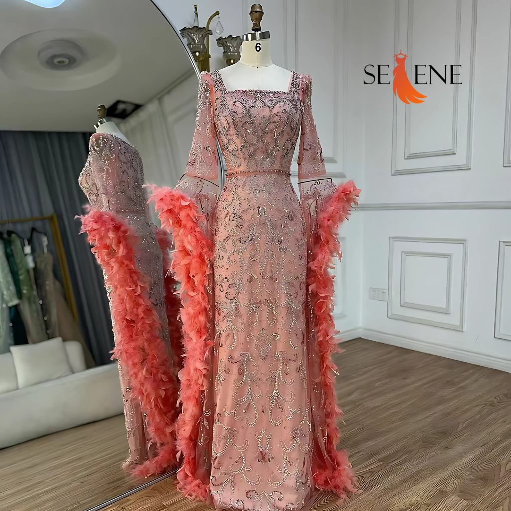 Selene Flared Sleeves Mermaid Peach Beaded Feather Luxury Evening Dress Gowns for Women's Party