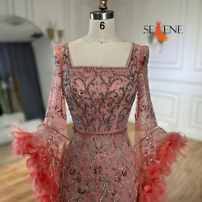 Selene Flared Sleeves Mermaid Peach Beaded Feather Luxury Evening Dress Gowns for Women's Party