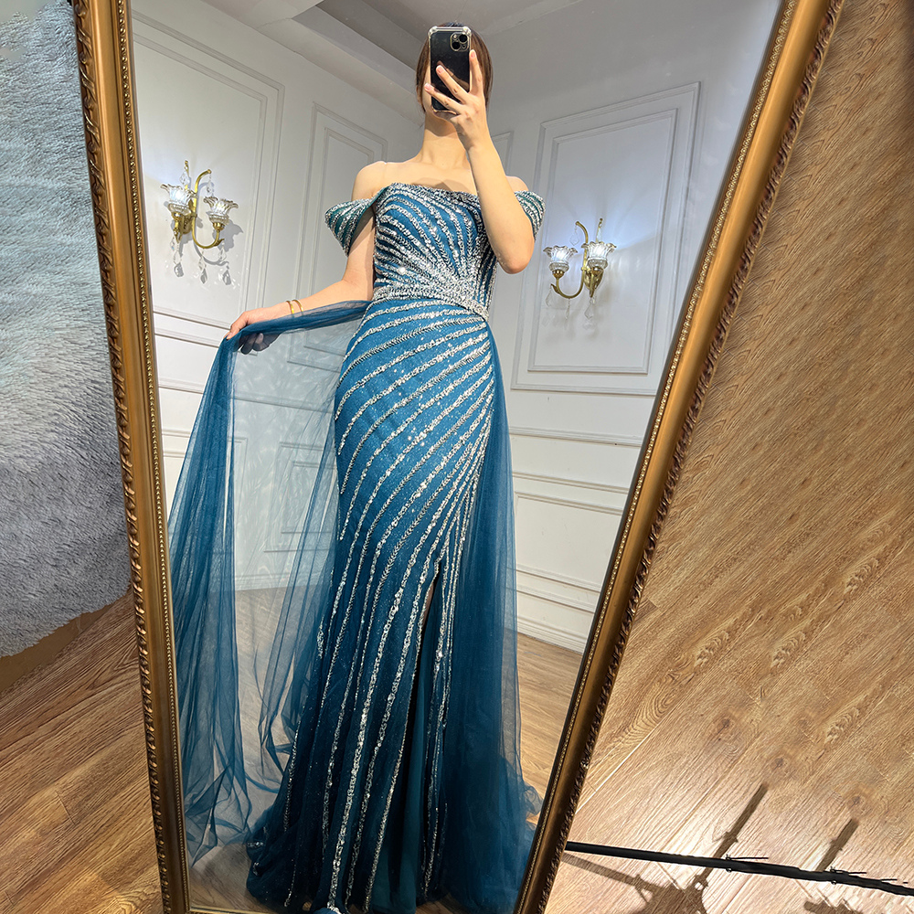 Selene Blue Boat Neck Split Mermaid Dress – Beaded Elegant Evening Gown for Weddings