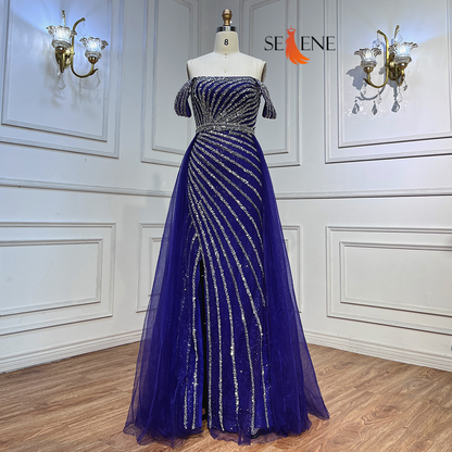 Selene Blue Boat Neck Split Mermaid Dress – Beaded Elegant Evening Gown for Weddings