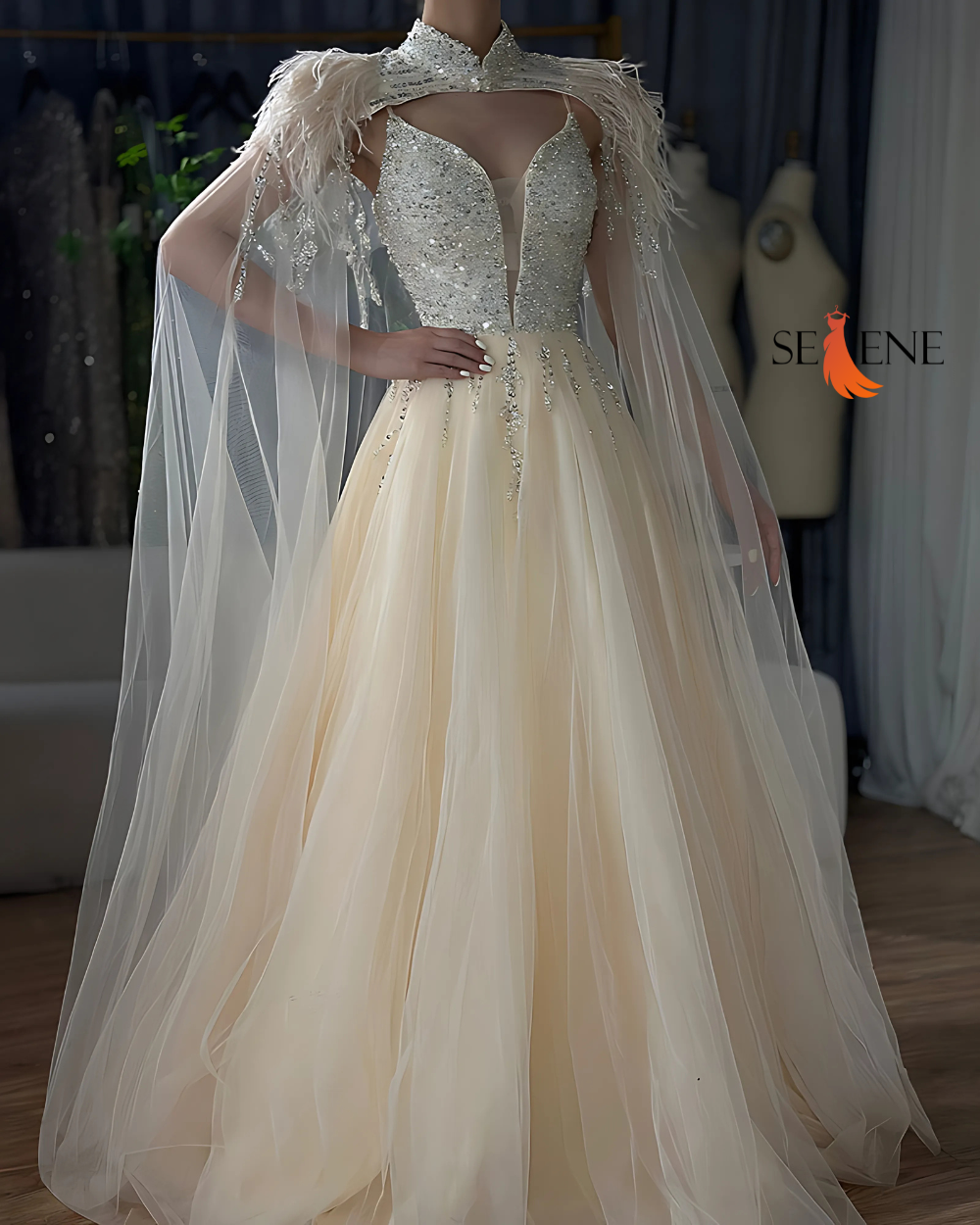 Selene Luxury Evening Gowns – Elegant Beaded Dresses with Feathers & Capes for Formal Occasions in Australia