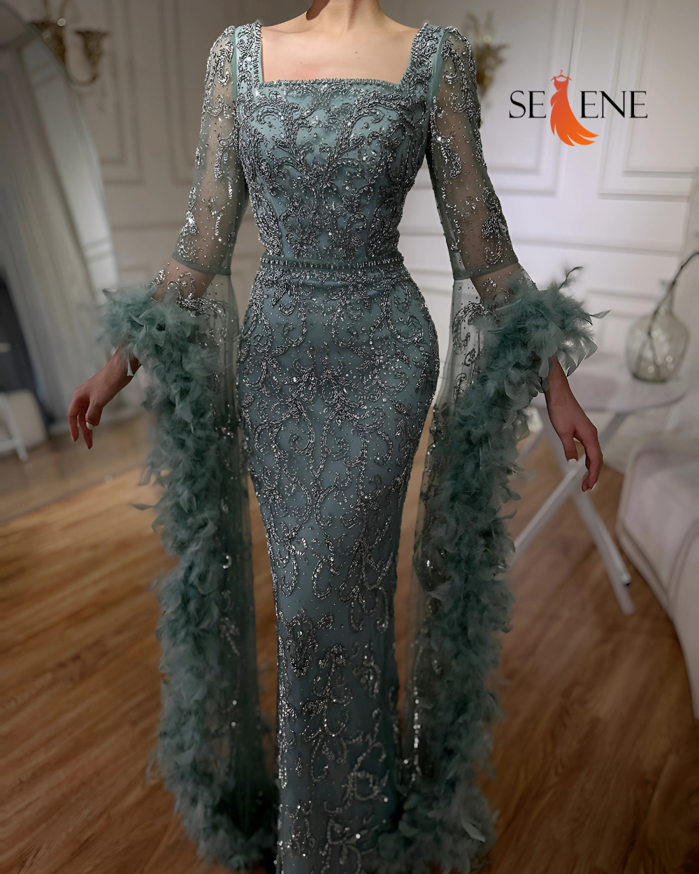 Selene Flared Sleeves Mermaid Peach Beaded Feather Luxury Evening Dress Gowns for Women's Party