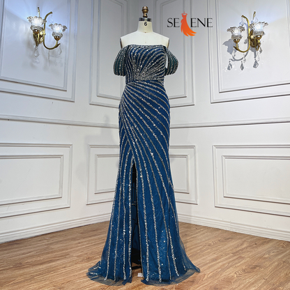 Selene Blue Boat Neck Split Mermaid Dress – Beaded Elegant Evening Gown for Weddings