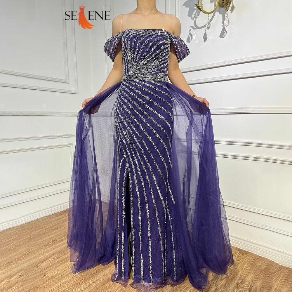 Selene Blue Boat Neck Split Mermaid Dress – Beaded Elegant Evening Gown for Weddings