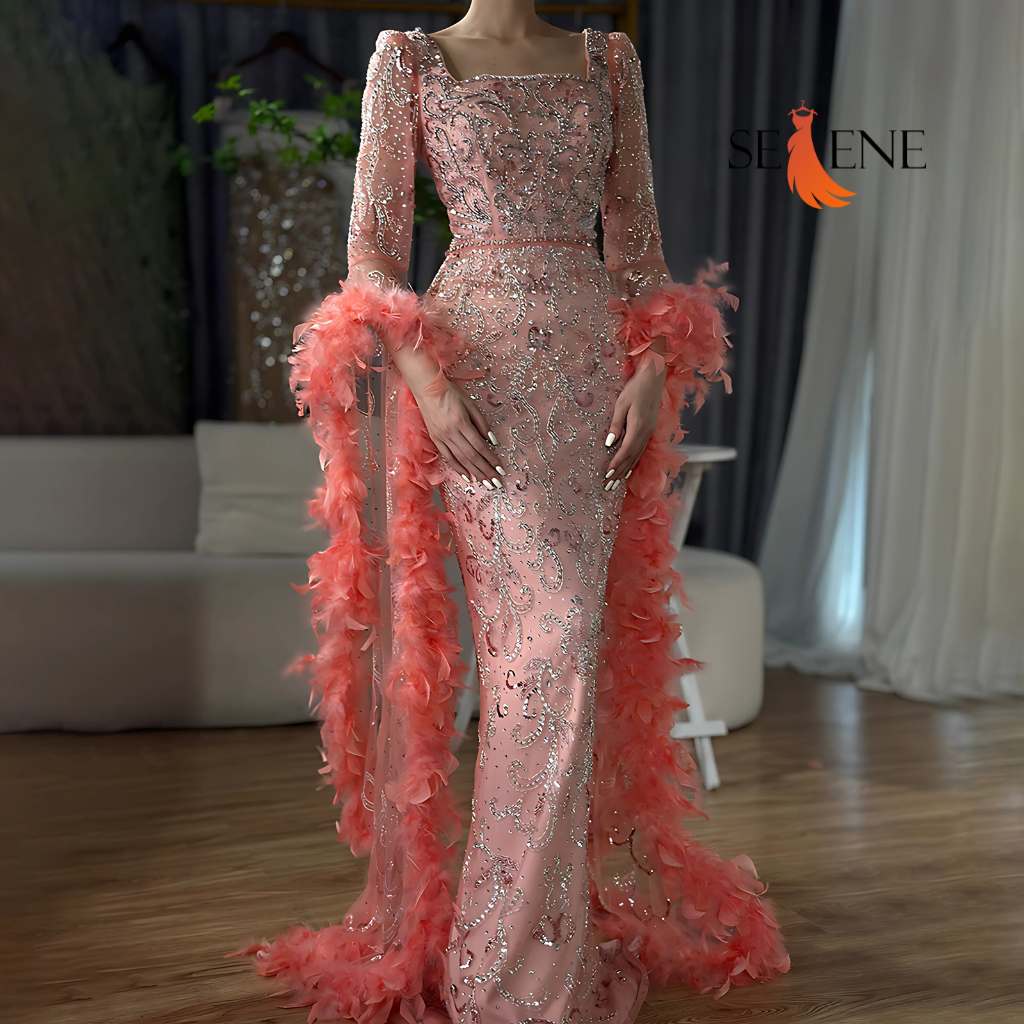 Selene Flared Sleeves Mermaid Peach Beaded Feather Luxury Evening Dress Gowns for Women's Party