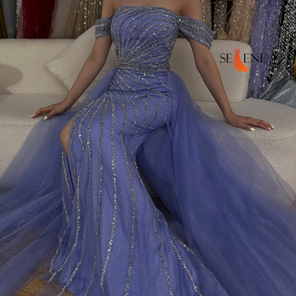 Selene Blue Boat Neck Split Mermaid Dress – Beaded Elegant Evening Gown for Weddings