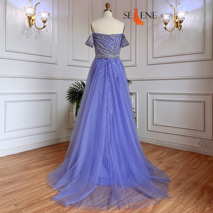 Selene Blue Boat Neck Split Mermaid Dress – Beaded Elegant Evening Gown for Weddings