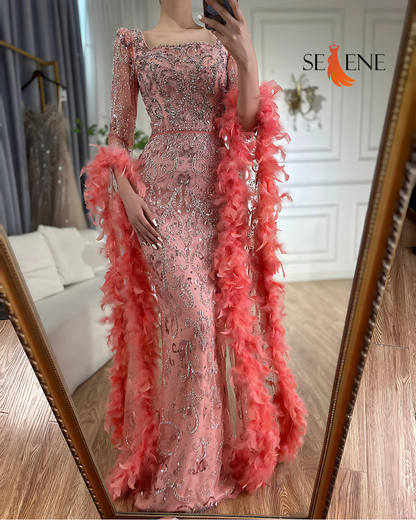 Selene Flared Sleeves Mermaid Peach Beaded Feather Luxury Evening Dress Gowns for Women's Party