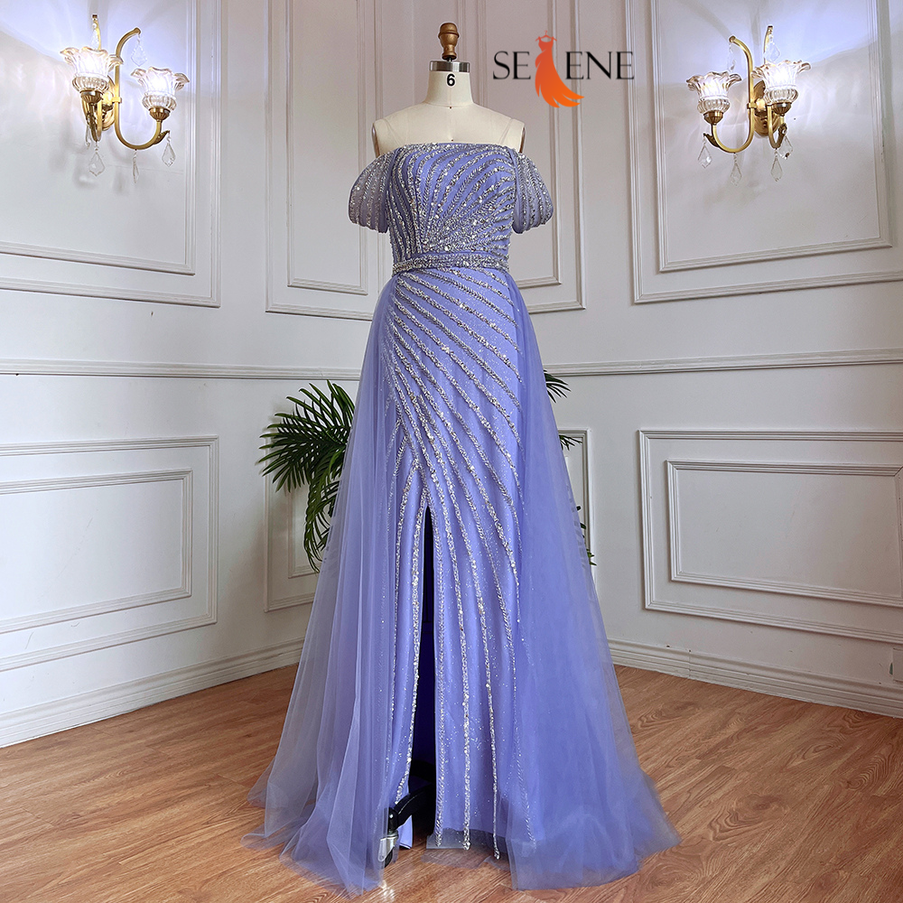 Selene Blue Boat Neck Split Mermaid Dress – Beaded Elegant Evening Gown for Weddings