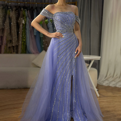 Selene Blue Boat Neck Split Mermaid Dress – Beaded Elegant Evening Gown for Weddings