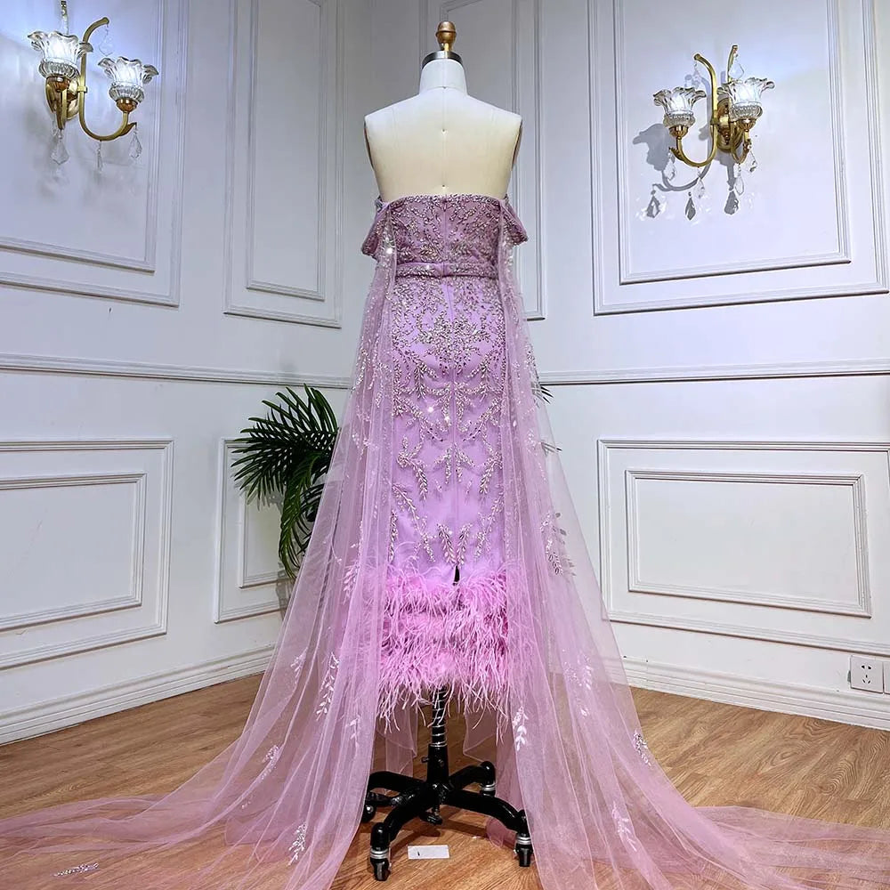 Elegant Lilac Mermaid Ankle-Length Midi Evening Dress with Feather Cape