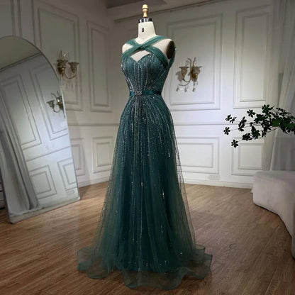 Turquoise Spaghetti Strap A-Line Luxury Evening Gown