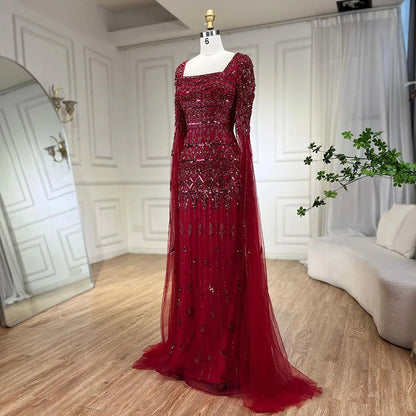 Beaded Cape Sleeves Design Mermaid Long Evening Dresses Gowns