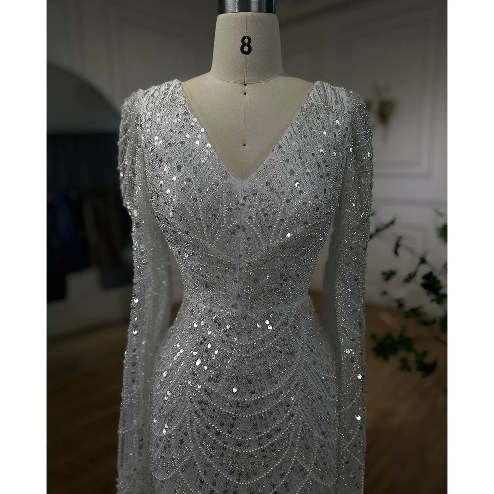 White Luxury Pearls Beaded Mermaid Evening Gown with Cape Sleeves