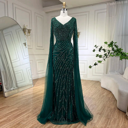 Vestido de noche de lujo con mangas de capa elegante con cuentas azules de sirena árabe para mujer fiesta de boda