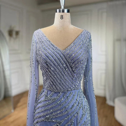 Modest Blue Mermaid Evening Gown with Luxury Beading