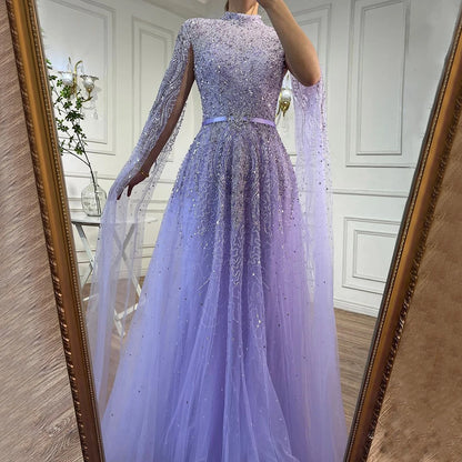 Blue A-Line Evening Dress with High-End Beaded Cape Sleeves