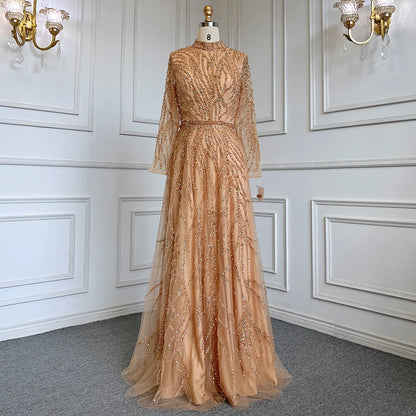 Modest Gold Mermaid Elegant Luxury Evening Dresses Gowns High Neck Beaded