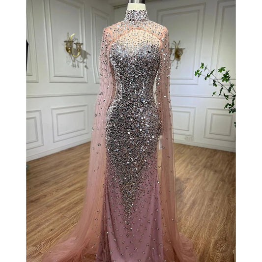 Modest Gold Mermaid Elegant Cape Sleeves Beaded Luxury Long Evening Dresses Gowns