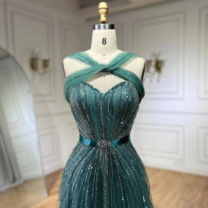 Turquoise Spaghetti Strap A-Line Luxury Evening Gown