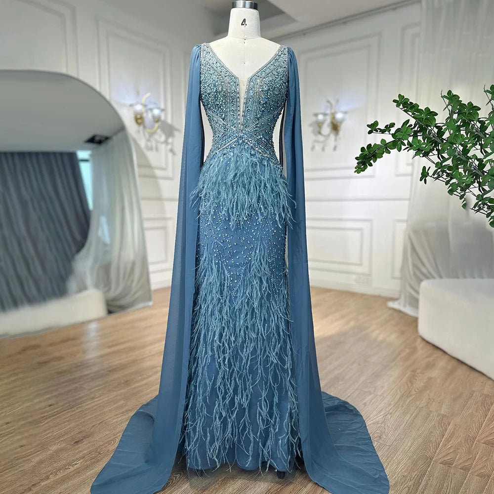 Arabic Blue Mermaid Evening Gown with Cape and Feather Beading