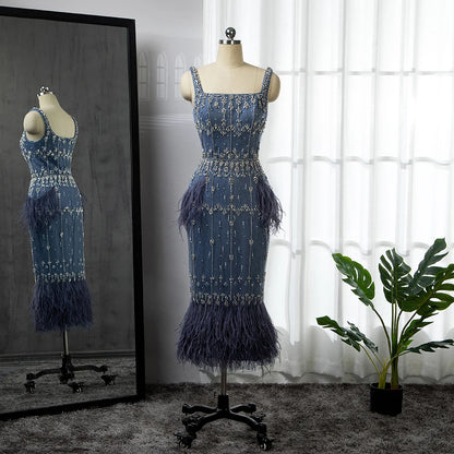 Blue Lace Midi Evening Dress with Luxury Crystal Feathers