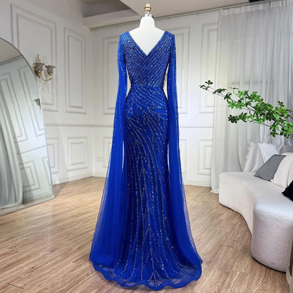 Vestido de noche de lujo con mangas de capa elegante con cuentas azules de sirena árabe para mujer fiesta de boda