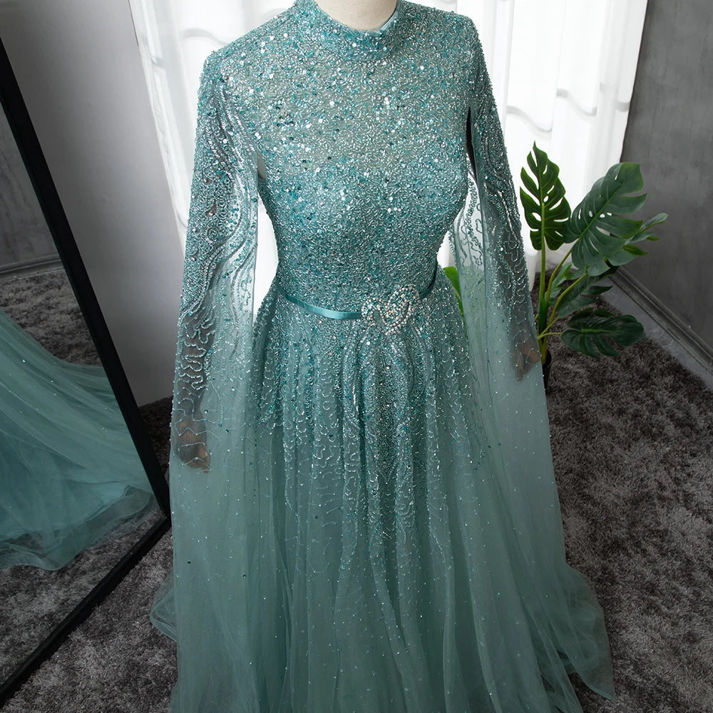 Blue A-Line Evening Dress with High-End Beaded Cape Sleeves