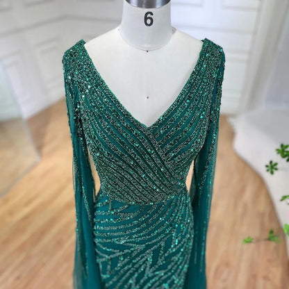 Vestido de noche de lujo con mangas de capa elegante con cuentas azules de sirena árabe para mujer fiesta de boda