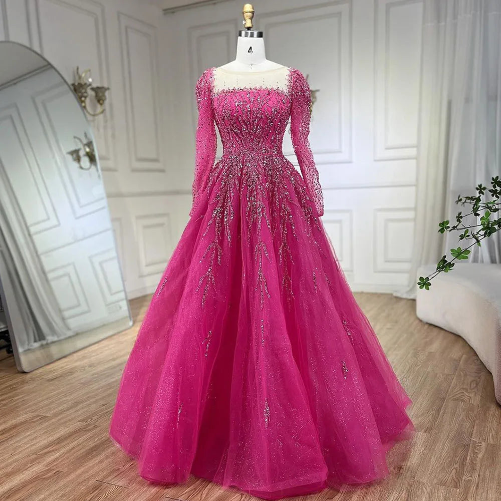 Modest Pink A-Line Beaded Luxury Evening Dress