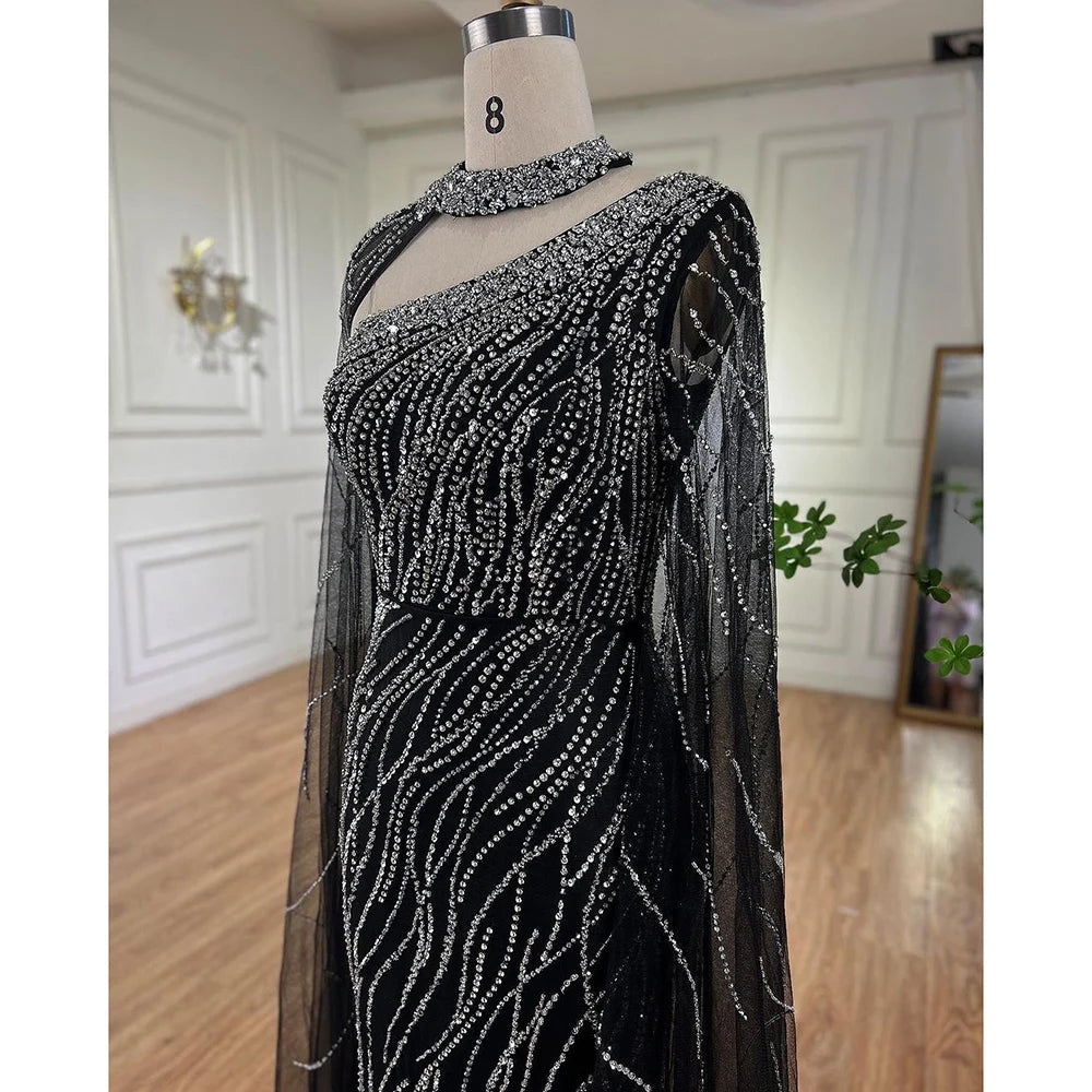 Black Mermaid Evening Gown with Elegant Cape Sleeves