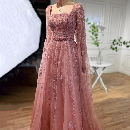 Pink Modest A-Line Evening Dress with Square Collar