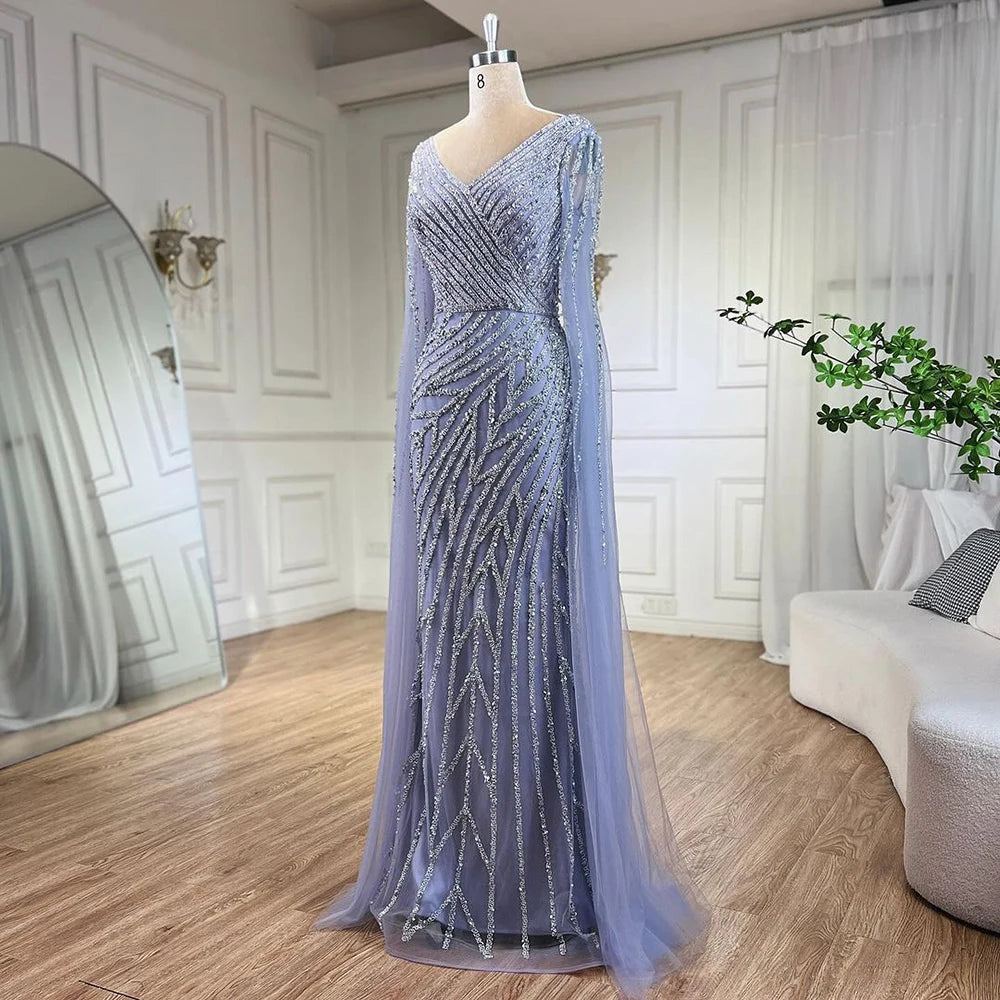 Modest Blue Mermaid Evening Gown with Luxury Beading