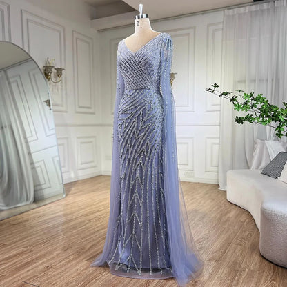 Vestido de noche de lujo con mangas de capa elegante con cuentas azules de sirena árabe para mujer fiesta de boda