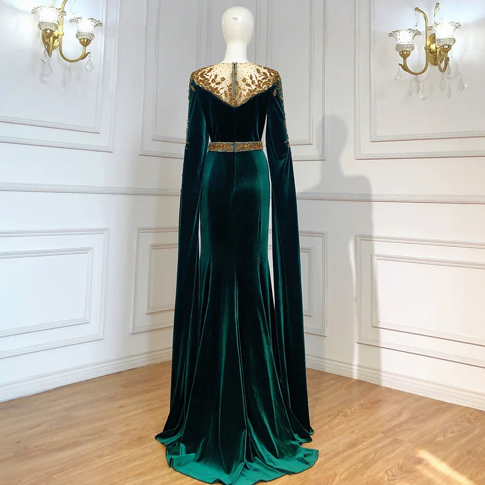 Emerald Mermaid Evening Gown: Modest Green Cape Sleeves