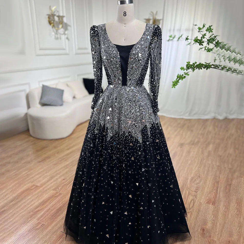 Luxury Modest Black A-Line Evening Gown with Sequined Beading