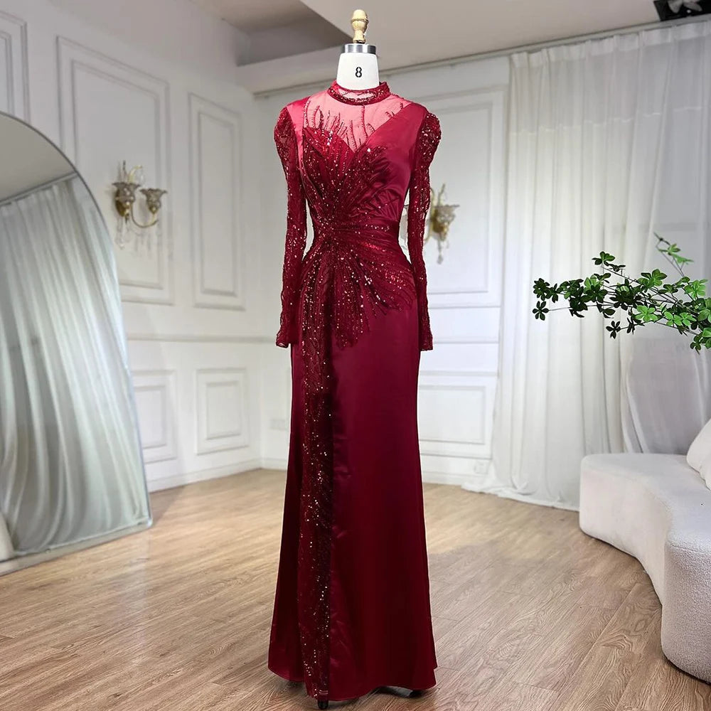 Vestido de noche de sirena de encaje de lujo: Elegancia en rojo vino para veladas australianas S72202