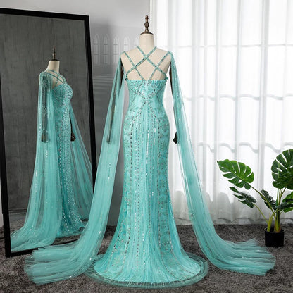 Arabic Luxury Dubai Blue Mermaid Evening Gown with Cape Sleeves