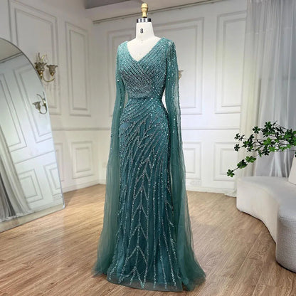 Vestido de noche de lujo con mangas de capa elegante con cuentas azules de sirena árabe para mujer fiesta de boda