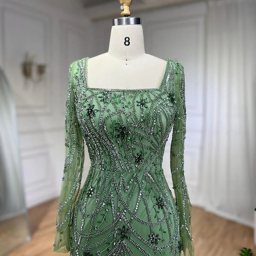 Luxury Dubai-Style Green Mermaid Evening Dress with Crystal Beading