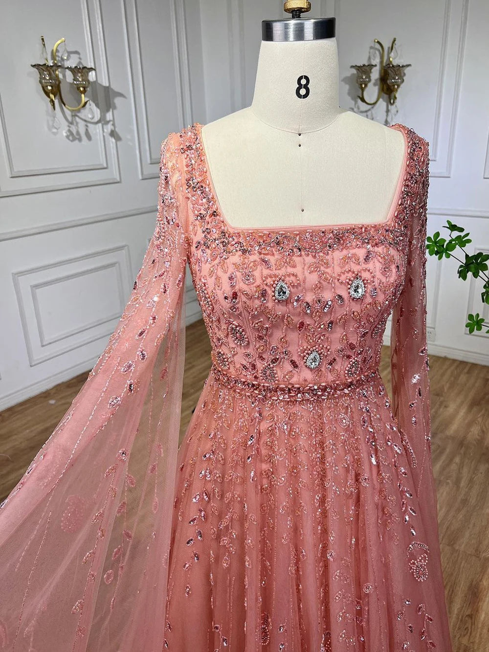 Pink Modest A-Line Evening Dress with Square Collar